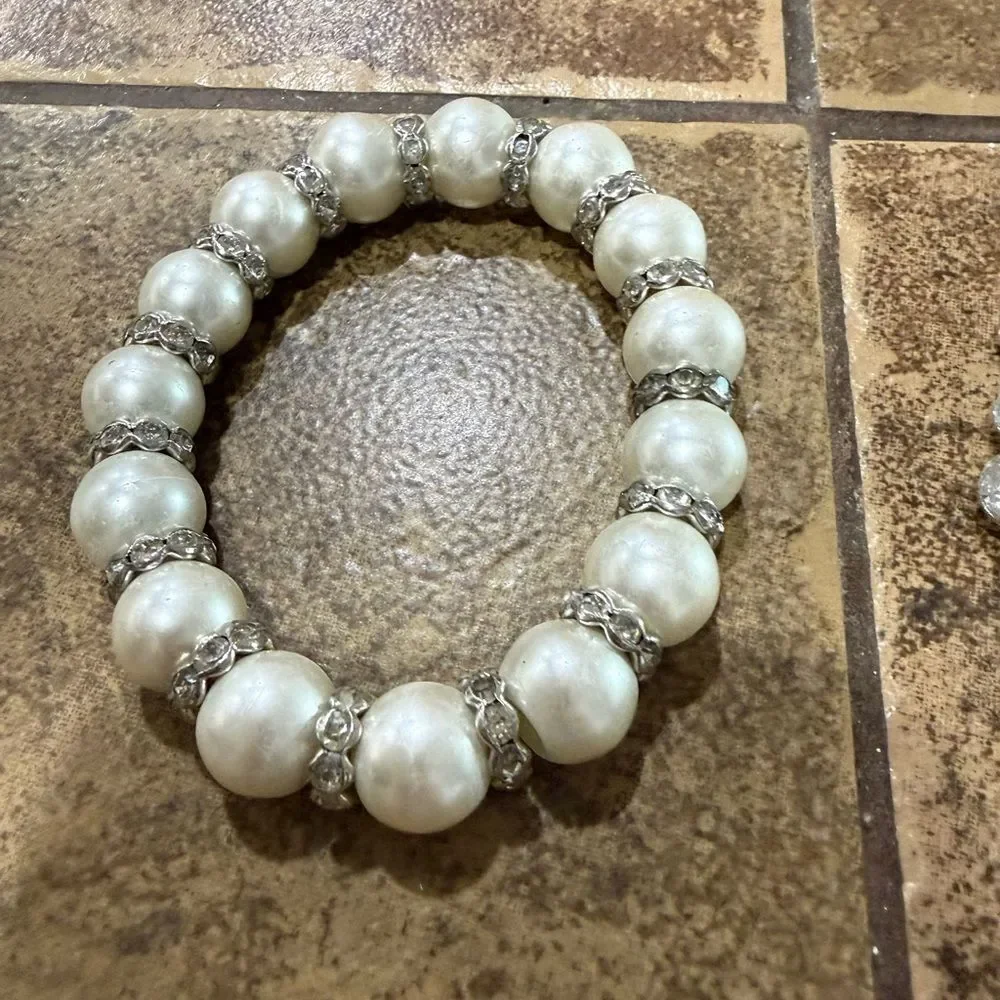 Bridal Pearl Rhinestone Jewelry Set Necklace Earrings Bracelet Wedding Prom